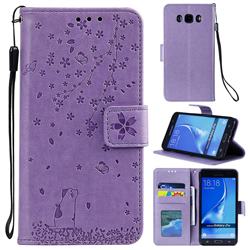 Embossing Cherry Blossom Cat Leather Wallet Case for Samsung Galaxy J7 2016 J710 - Purple