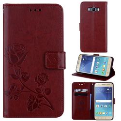 Embossing Rose Flower Leather Wallet Case for Samsung Galaxy J7 2016 J710 - Brown