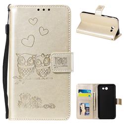 Embossing Owl Couple Flower Leather Wallet Case for Samsung Galaxy J7 2017 Halo US Edition - Golden