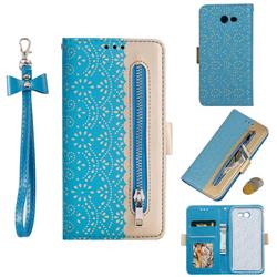 Luxury Lace Zipper Stitching Leather Phone Wallet Case for Samsung Galaxy J7 2017 Halo US Edition - Blue
