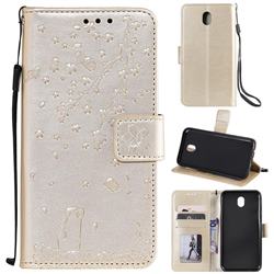 Embossing Cherry Blossom Cat Leather Wallet Case for Samsung Galaxy J7 2017 J730 Eurasian - Golden
