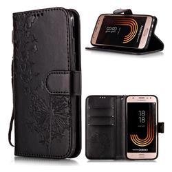 Intricate Embossing Dandelion Butterfly Leather Wallet Case for Samsung Galaxy J7 (2018) - Black