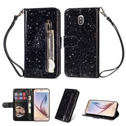 Glitter Shine Leather Zipper Wallet Phone Case for Samsung Galaxy J7 (2018) - Black