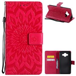 Embossing Sunflower Leather Wallet Case for Samsung Galaxy J7 Duo - Red