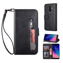 Retro Calfskin Zipper Leather Wallet Case Cover for Samsung Galaxy J8 - Black