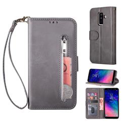 Retro Calfskin Zipper Leather Wallet Case Cover for Samsung Galaxy J8 - Grey