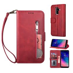 Retro Calfskin Zipper Leather Wallet Case Cover for Samsung Galaxy J8 - Red