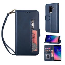 Retro Calfskin Zipper Leather Wallet Case Cover for Samsung Galaxy J8 - Blue