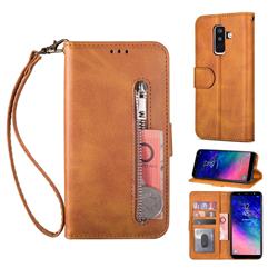 Retro Calfskin Zipper Leather Wallet Case Cover for Samsung Galaxy J8 - Brown