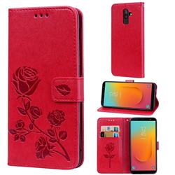 Embossing Rose Flower Leather Wallet Case for Samsung Galaxy J8 - Red
