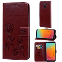 Embossing Rose Flower Leather Wallet Case for Samsung Galaxy J8 - Brown