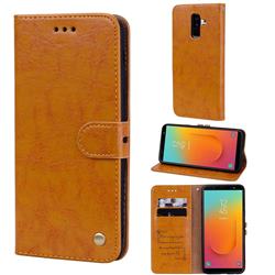 Luxury Retro Oil Wax PU Leather Wallet Phone Case for Samsung Galaxy J8 - Orange Yellow