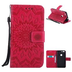 Embossing Sunflower Leather Wallet Case for Google Pixel - Red