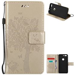 Embossing Butterfly Tree Leather Wallet Case for Google Pixel - Champagne