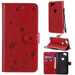 Embossing Bee and Cat Leather Wallet Case for Google Pixel 2 - Red