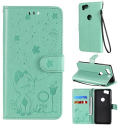 Embossing Bee and Cat Leather Wallet Case for Google Pixel 2 - Green