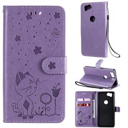 Embossing Bee and Cat Leather Wallet Case for Google Pixel 2 - Purple