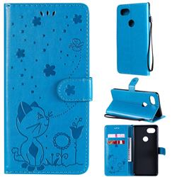 Embossing Bee and Cat Leather Wallet Case for Google Pixel 2 XL - Blue