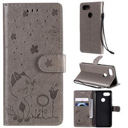 Embossing Bee and Cat Leather Wallet Case for Google Pixel 3 - Gray