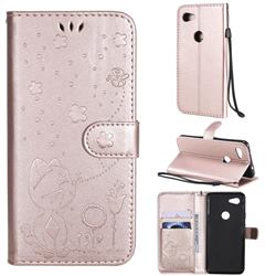 Embossing Bee and Cat Leather Wallet Case for Google Pixel 3A - Rose Gold