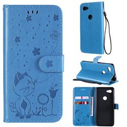 Embossing Bee and Cat Leather Wallet Case for Google Pixel 3A - Blue