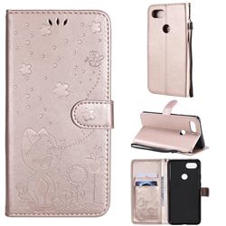 Embossing Bee and Cat Leather Wallet Case for Google Pixel 3 XL - Rose Gold