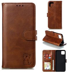 Embossing Happy Cat Leather Wallet Case for Google Pixel 4 - Brown