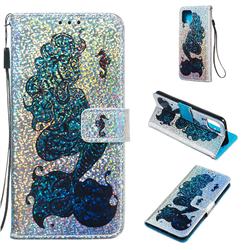 Mermaid Seahorse Sequins Painted Leather Wallet Case for Google Pixel 4