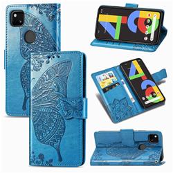 Embossing Mandala Flower Butterfly Leather Wallet Case for Google Pixel 4a - Blue