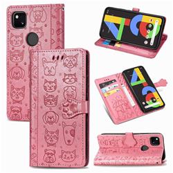 Embossing Dog Paw Kitten and Puppy Leather Wallet Case for Google Pixel 4a - Pink