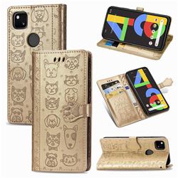Embossing Dog Paw Kitten and Puppy Leather Wallet Case for Google Pixel 4a - Champagne Gold