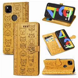 Embossing Dog Paw Kitten and Puppy Leather Wallet Case for Google Pixel 4a - Yellow