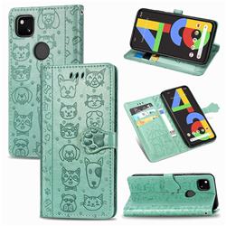 Embossing Dog Paw Kitten and Puppy Leather Wallet Case for Google Pixel 4a - Green