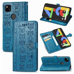 Embossing Dog Paw Kitten and Puppy Leather Wallet Case for Google Pixel 4a - Blue