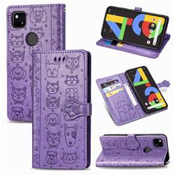 Embossing Dog Paw Kitten and Puppy Leather Wallet Case for Google Pixel 4a - Purple