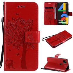 Embossing Butterfly Tree Leather Wallet Case for Google Pixel 4a - Red