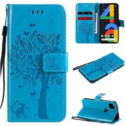 Embossing Butterfly Tree Leather Wallet Case for Google Pixel 4a - Blue