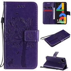 Embossing Butterfly Tree Leather Wallet Case for Google Pixel 4a - Purple