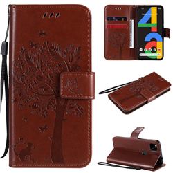 Embossing Butterfly Tree Leather Wallet Case for Google Pixel 4a - Coffee
