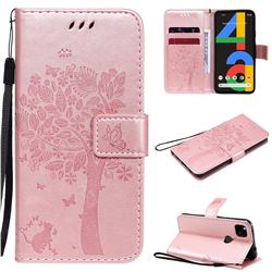 Embossing Butterfly Tree Leather Wallet Case for Google Pixel 4a - Rose Pink