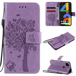 Embossing Butterfly Tree Leather Wallet Case for Google Pixel 4a - Violet