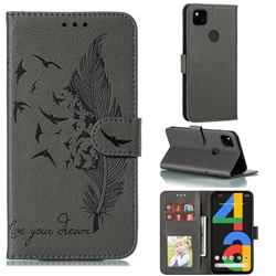 Intricate Embossing Lychee Feather Bird Leather Wallet Case for Google Pixel 4a - Gray