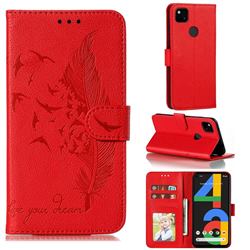 Intricate Embossing Lychee Feather Bird Leather Wallet Case for Google Pixel 4a - Red