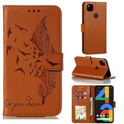 Intricate Embossing Lychee Feather Bird Leather Wallet Case for Google Pixel 4a - Brown