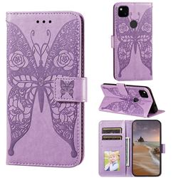 Intricate Embossing Rose Flower Butterfly Leather Wallet Case for Google Pixel 4a - Purple
