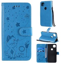 Embossing Bee and Cat Leather Wallet Case for Google Pixel 4a - Blue