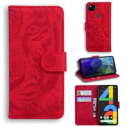 Intricate Embossing Tiger Face Leather Wallet Case for Google Pixel 4a - Red
