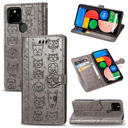 Embossing Dog Paw Kitten and Puppy Leather Wallet Case for Google Pixel 4a 5G - Gray