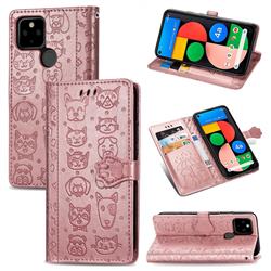 Embossing Dog Paw Kitten and Puppy Leather Wallet Case for Google Pixel 4a 5G - Rose Gold