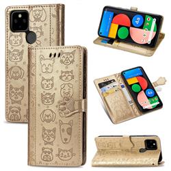Embossing Dog Paw Kitten and Puppy Leather Wallet Case for Google Pixel 4a 5G - Champagne Gold
